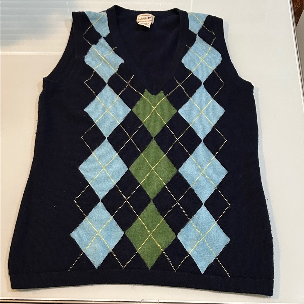 L.L. Bean V-Neck Argyle cashmere Vest - Navy, Light Blue, Green